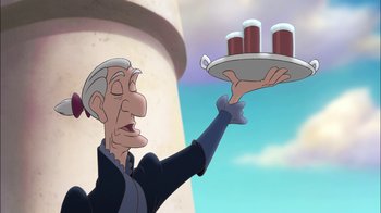 Movie still from “The Little Mermaid II: Return to the Sea” (2000), directed by Bill Speers – An old man holding a tray of drinks; Medium shot, Over the shoulder angle