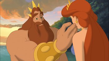 Movie still from “The Little Mermaid: Ariel's Beginning” (2008), directed by Peggy Holmes – A man and a woman are talking to each other; Medium shot, Over the shoulder angle