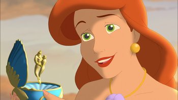 Movie still from “The Little Mermaid: Ariel's Beginning” (2008), directed by Peggy Holmes – A woman with green eyes holding a cup; Close Up shot, Over the shoulder angle