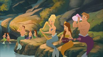 Movie still from “The Little Mermaid: Ariel's Beginning” (2008), directed by Peggy Holmes – A group of people that are sitting in the water; Wide shot, High angle