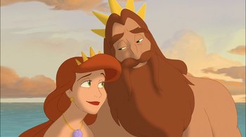 Movie still from “The Little Mermaid: Ariel's Beginning” (2008), directed by Peggy Holmes – A woman and a bearded man wearing crowns; Close Up shot, Over the shoulder angle