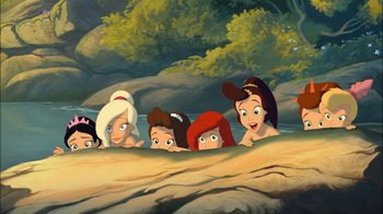 Movie still from “The Little Mermaid: Ariel's Beginning” (2008), directed by Peggy Holmes – A group of cartoon characters looking out over a river; Extreme Wide shot, High angle