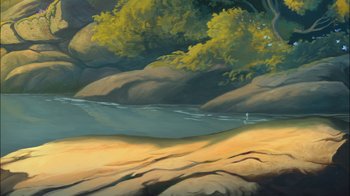 Movie still from “The Little Mermaid: Ariel's Beginning” (2008), directed by Peggy Holmes – A painting of a river and a forest; Extreme Wide shot, High angle