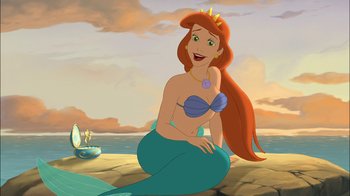 Movie still from “The Little Mermaid: Ariel's Beginning” (2008), directed by Peggy Holmes – A woman sitting on the beach with a boat in the background; Medium shot, Over the shoulder angle