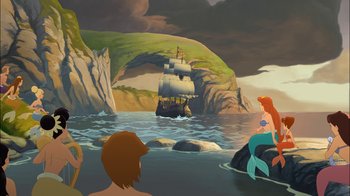 Movie still from “The Little Mermaid: Ariel's Beginning” (2008), directed by Peggy Holmes – A painting of a pirate ship in the middle of the ocean; Extreme Wide shot, Over the shoulder angle