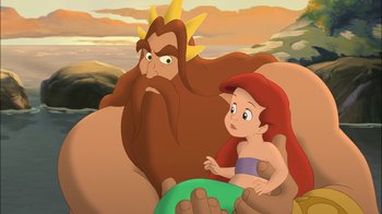 Movie still from “The Little Mermaid: Ariel's Beginning” (2008), directed by Peggy Holmes – Ariel and the king of the sea in the little mermaid; Medium shot, Low angle