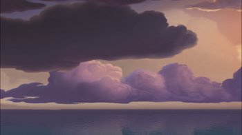 Movie still from “The Little Mermaid: Ariel's Beginning” (2008), directed by Peggy Holmes – A painting of a cloudy sky over a body of water; Extreme Wide shot, Low angle