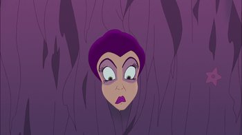 Movie still from “The Little Mermaid: Ariel's Beginning” (2008), directed by Peggy Holmes – An animated woman with purple hair and a purple hat; Close Up shot, Low angle