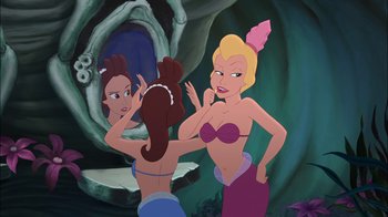 Movie still from “The Little Mermaid: Ariel's Beginning” (2008), directed by Peggy Holmes – Two animated women in bikinis looking at each other in front of a mirror; Medium shot, Over the shoulder angle