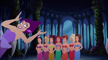 Movie still from “The Little Mermaid: Ariel's Beginning” (2008), directed by Peggy Holmes – A group of women standing next to each other in front of a building; Wide shot, Over the shoulder angle