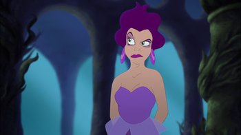 Movie still from “The Little Mermaid: Ariel's Beginning” (2008), directed by Peggy Holmes – A woman in a purple dress is standing in front of trees; Close Up shot, Over the shoulder angle
