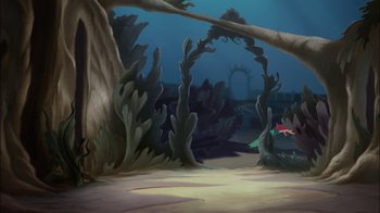 Movie still from “The Little Mermaid: Ariel's Beginning” (2008), directed by Peggy Holmes – An underwater scene with a fish swimming in the water; Extreme Wide shot, High angle