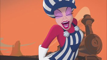 Movie still from “The Little Mermaid: Ariel's Beginning” (2008), directed by Peggy Holmes – An animated woman with a big smile on her face; Medium shot, Low angle