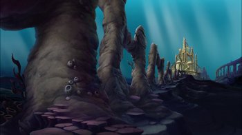 Movie still from “The Little Mermaid: Ariel's Beginning” (2008), directed by Peggy Holmes – An illustration of a castle in the middle of the ocean; Extreme Wide shot, High angle