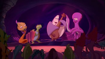 Movie still from “The Little Mermaid: Ariel's Beginning” (2008), directed by Peggy Holmes – A group of cartoon characters are playing instruments; Wide shot, Low angle