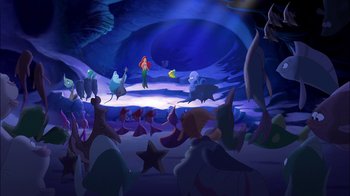 Movie still from “The Little Mermaid: Ariel's Beginning” (2008), directed by Peggy Holmes – A group of people in a room with a lot of fish; Extreme Wide shot, High angle