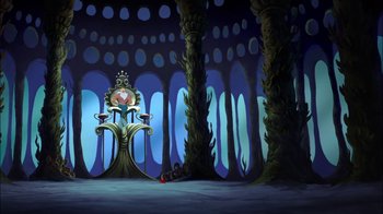 Movie still from “The Little Mermaid: Ariel's Beginning” (2008), directed by Peggy Holmes – A painting of a room with trees and a clock on the wall; Extreme Wide shot, High angle