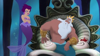 Movie still from “The Little Mermaid: Ariel's Beginning” (2008), directed by Peggy Holmes – A man sitting on top of a chair next to a woman; Medium shot, Over the shoulder angle