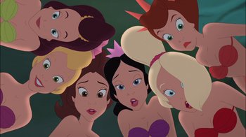 Movie still from “The Little Mermaid: Ariel's Beginning” (2008), directed by Peggy Holmes – A group of cartoon girls with different hair styles; Close Up shot, Low angle