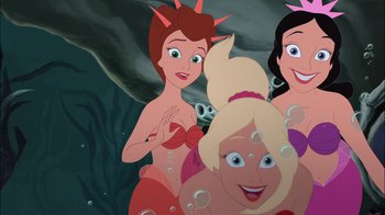 Movie still from “The Little Mermaid: Ariel's Beginning” (2008), directed by Peggy Holmes – A group of three women in the water; Medium shot, Overhead angle