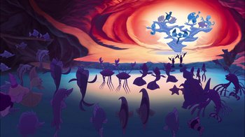 Movie still from “The Little Mermaid: Ariel's Beginning” (2008), directed by Peggy Holmes – An ocean scene with fish swimming in the water; Extreme Wide shot, High angle