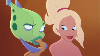 Movie still from “The Little Mermaid: Ariel's Beginning” (2008), directed by Peggy Holmes – Two cartoon characters one of which has a green face and one of which has blonde hair and one of which has a pink dress; Close Up shot, Over the shoulder angle