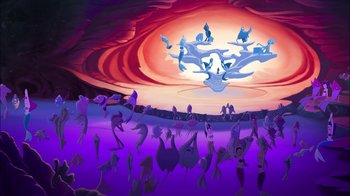 Movie still from “The Little Mermaid: Ariel's Beginning” (2008), directed by Peggy Holmes – A painting of a group of fish swimming in the ocean; Extreme Wide shot, High angle