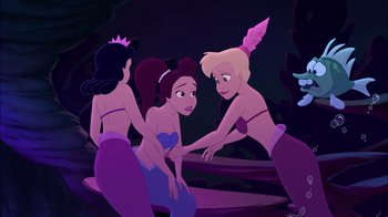 Movie still from “The Little Mermaid: Ariel's Beginning” (2008), directed by Peggy Holmes – A group of three women standing next to each other; Wide shot, Over the shoulder angle