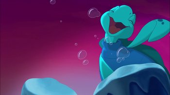 Movie still from “The Little Mermaid: Ariel's Beginning” (2008), directed by Peggy Holmes – An image of an animated character laughing with bubbles in the background; Medium shot, Low angle