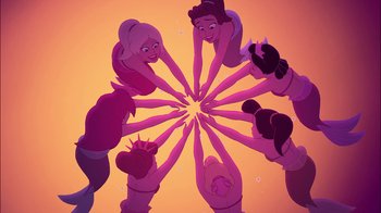 Movie still from “The Little Mermaid: Ariel's Beginning” (2008), directed by Peggy Holmes – A group of people holding their hands in a circle; Wide shot, Overhead angle