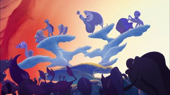 Movie still from “The Little Mermaid: Ariel's Beginning” (2008), directed by Peggy Holmes – An illustration of a sea creature and a fish in the sky; Extreme Wide shot, Low angle