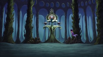 Movie still from “The Little Mermaid: Ariel's Beginning” (2008), directed by Peggy Holmes – An image of an animated scene with a mermaid and a princess; Extreme Wide shot, High angle
