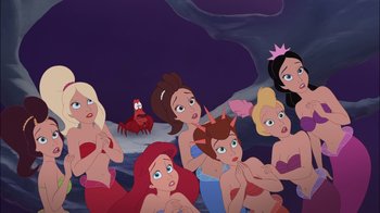 Movie still from “The Little Mermaid: Ariel's Beginning” (2008), directed by Peggy Holmes – A group of women sitting next to each other in front of a body of water; Medium shot, High angle