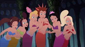Movie still from “The Little Mermaid: Ariel's Beginning” (2008), directed by Peggy Holmes – A group of women standing next to each other in front of a forest; Medium shot, Over the shoulder angle