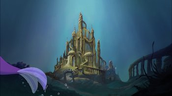 Movie still from “The Little Mermaid: Ariel's Beginning” (2008), directed by Peggy Holmes – An illustration of an underwater castle in the ocean; Extreme Wide shot, Low angle