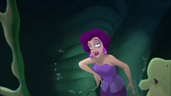 Movie still from “The Little Mermaid: Ariel's Beginning” (2008), directed by Peggy Holmes – A woman in a purple dress is standing in front of a green wall; Medium shot, High angle
