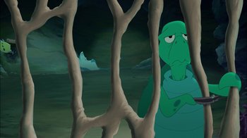 Movie still from “The Little Mermaid: Ariel's Beginning” (2008), directed by Peggy Holmes – An image of an animated creature in a forest; Medium shot, High angle
