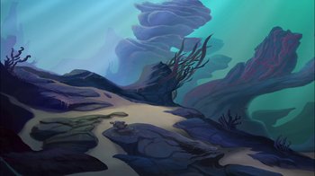 Movie still from “The Little Mermaid: Ariel's Beginning” (2008), directed by Peggy Holmes – An underwater scene with rocks and plants; Extreme Wide shot, High angle
