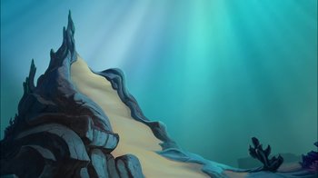Movie still from “The Little Mermaid: Ariel's Beginning” (2008), directed by Peggy Holmes – A painting of the ocean and a rock formation; Extreme Wide shot, Low angle
