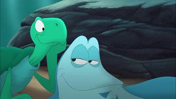 Movie still from “The Little Mermaid: Ariel's Beginning” (2008), directed by Peggy Holmes – Two cartoon characters are sitting next to each other; Close Up shot, Over the shoulder angle