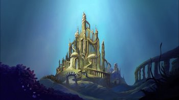 Movie still from “The Little Mermaid: Ariel's Beginning” (2008), directed by Peggy Holmes – An illustration of a castle on a hill; Extreme Wide shot, Low angle