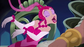 Movie still from “The Little Mermaid: Ariel's Beginning” (2008), directed by Peggy Holmes – A woman in a pink dress and a white and pink necklace; Medium shot, Over the shoulder angle