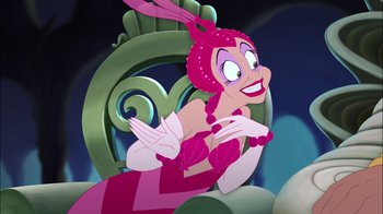 Movie still from “The Little Mermaid: Ariel's Beginning” (2008), directed by Peggy Holmes – A woman in a pink dress sitting in a chair; Close Up shot, Over the shoulder angle