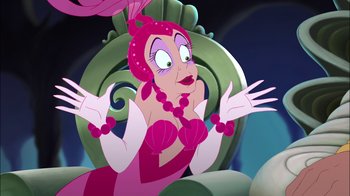 Movie still from “The Little Mermaid: Ariel's Beginning” (2008), directed by Peggy Holmes – A woman in a pink dress is sitting on a green chair; Medium shot, Over the shoulder angle