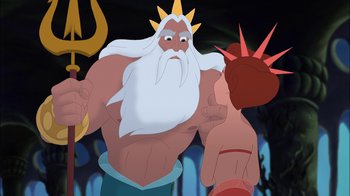Movie still from “The Little Mermaid: Ariel's Beginning” (2008), directed by Peggy Holmes – An animated picture of poseidon and the sea god triton; Medium shot, Over the shoulder angle