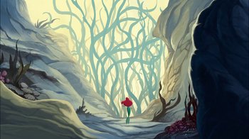 Movie still from “The Little Mermaid: Ariel's Beginning” (2008), directed by Peggy Holmes – A person holding a red umbrella in the middle of a forest; Extreme Wide shot, Low angle