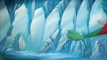 Movie still from “The Little Mermaid: Ariel's Beginning” (2008), directed by Peggy Holmes – A painting of a green leaf floating in the water; Extreme Wide shot, Low angle