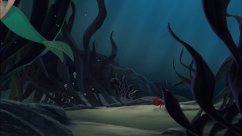 Movie still from “The Little Mermaid: Ariel's Beginning” (2008), directed by Peggy Holmes – An underwater scene with a red crab in the foreground; Extreme Wide shot, High angle