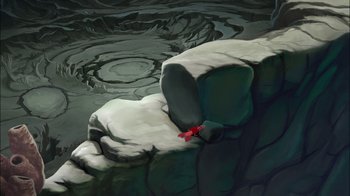 Movie still from “The Little Mermaid: Ariel's Beginning” (2008), directed by Peggy Holmes – A painting of a person climbing up a rock wall; Extreme Wide shot, High angle