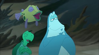 Movie still from “The Little Mermaid: Ariel's Beginning” (2008), directed by Peggy Holmes – A group of cartoon characters in the sky; Medium shot, Low angle